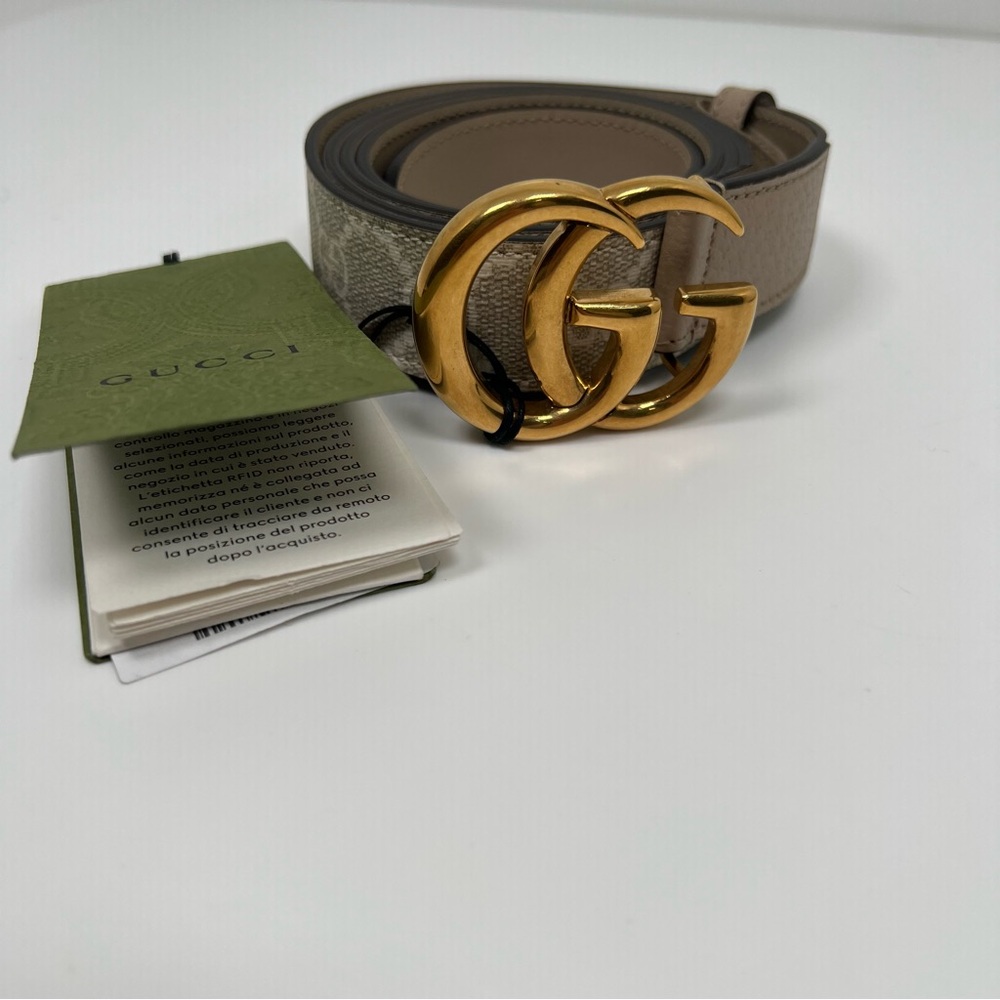 Gucci Beige GG Supreme Canvas and Leather GG Marmont Slim Belt
